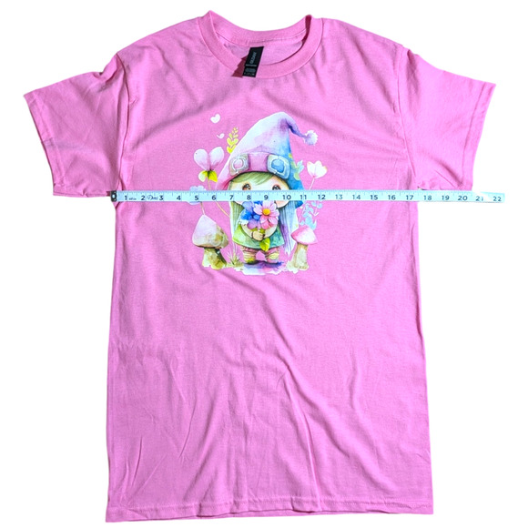 Cute - Gnome with Flowers - Graphic Tee - Pink - Size S - NWOT All Genders - Picture 3 of 7